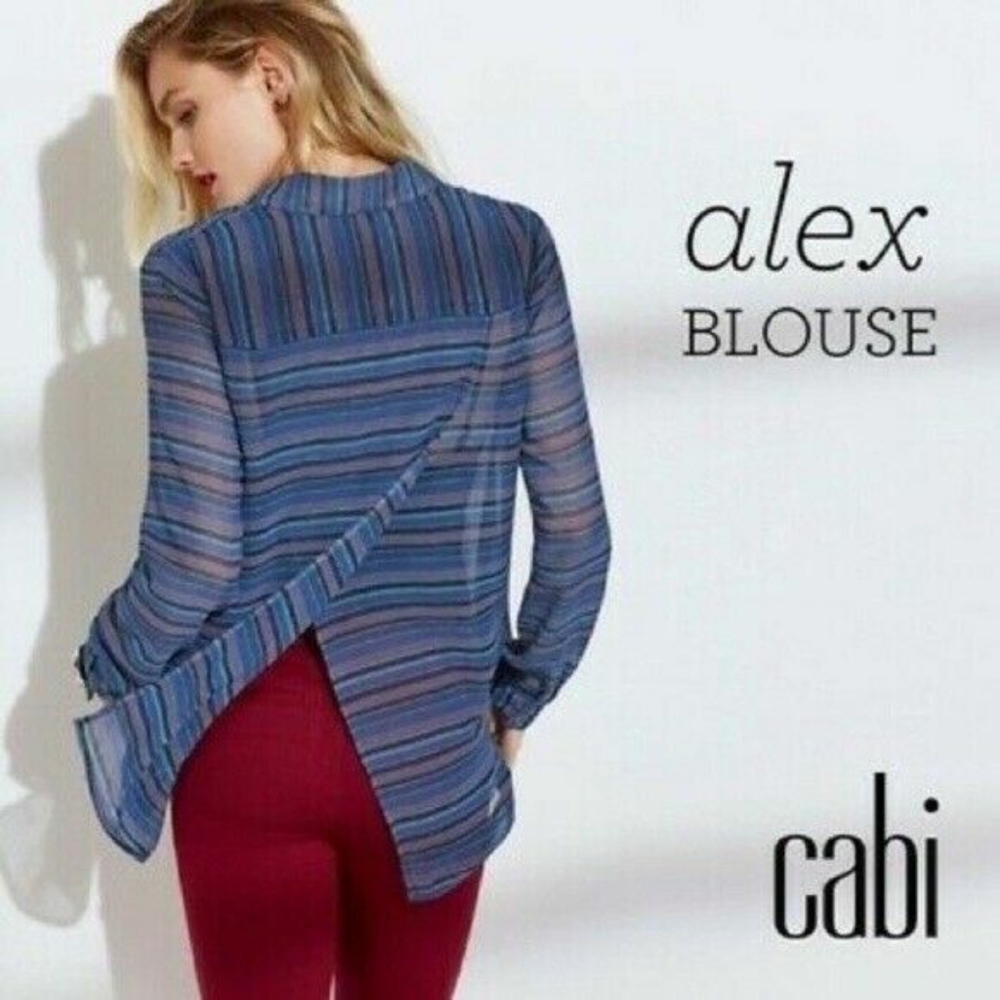 Cabi Sheer Blue Striped Split Back Alex Blouse Button Down